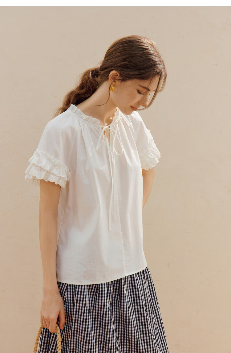 INMAN 100% Xinjiang Cotton Lace-up Ruffle Short Sleeve Shirt 2026 Summer New Loose Women's Top 11